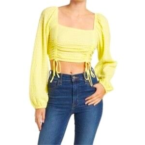 Sophie Rue Cropped Long Puff Sleeves Top Blouse Ties Sz M